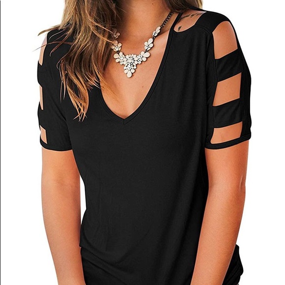 Black Cut Out Sleeve V Neck T-shirt - Picture 7 of 11